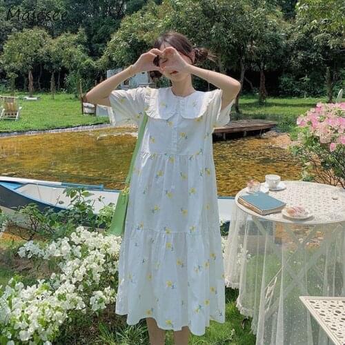 Dress Women Kawaii Cute Peter Pan Collar Retros Floral Baggy A-line Summer Korean Style Preppy Student Short Sleeve All-match