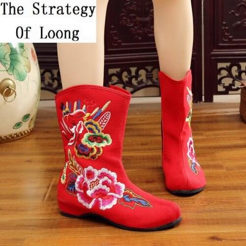 Women Spring Autumn Increasing Round Toe Chinese Style Retro Embroidery Fashion Ankle Boots Winter Vintage Boots SXQ0812