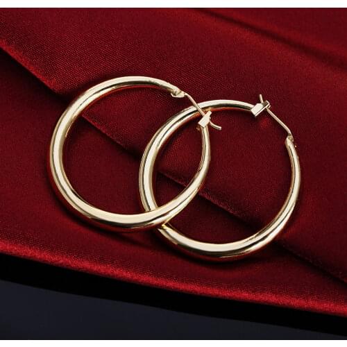 Hot fine 925 Sterling Silver 3.5cm Round hoop earrings high quality 18K gold plated Fashion party Jewelry Wedding Christmas Gift