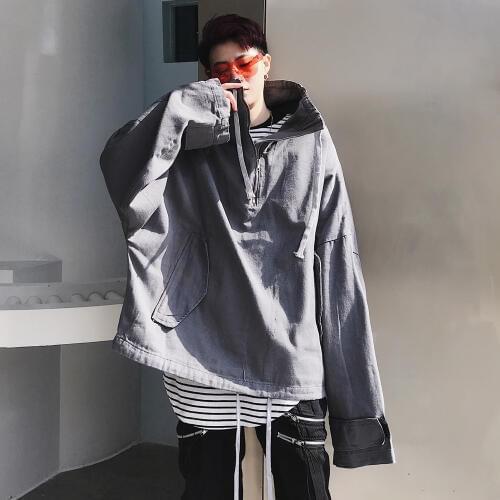 Spring Mens Hooded Loose Jacket BF Style Oversize Coat Hip-hop Coats Black Gray Size M-2XL S57