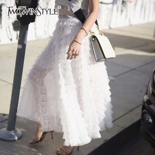 TWOTWINSTYLE Mesh Skirt For Women High Waist Elastic Bow Ruffles Patchwork Summer Maxi Skirts 2020 Female Fashion Sweet Clothing