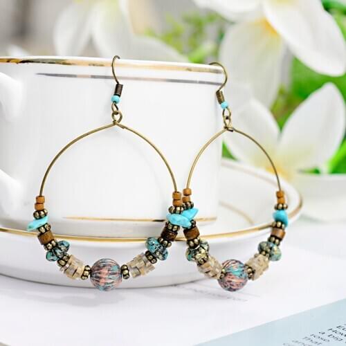 Boho Gypsy Womens Round Alloy Bohemian Earrings Vintage Wood Stone Beads Jhumka Earrings Oorbellen Hangers