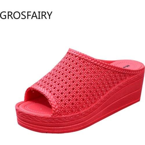 Womens Slope Heel Platform Slippers Women Summer Leisure PVC Beach Sponge Cake High Heel Slippers Women High Quality