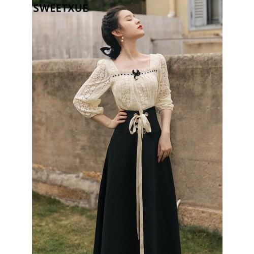 SWEETXUE Womens Summer OL Temperament French Retro Suit Square Collar Lace Top + Black High Waist Bandage Skirt Fashion Set