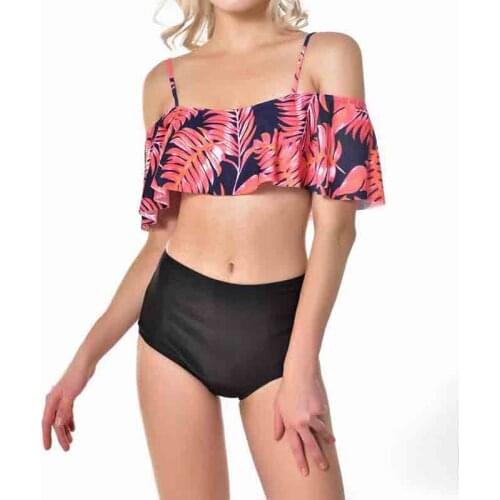 Womens Two Pieces Swimsuit Floral Printing Ruffled Off Shoulder Top with Black High Waist Bottom Bathing Suit