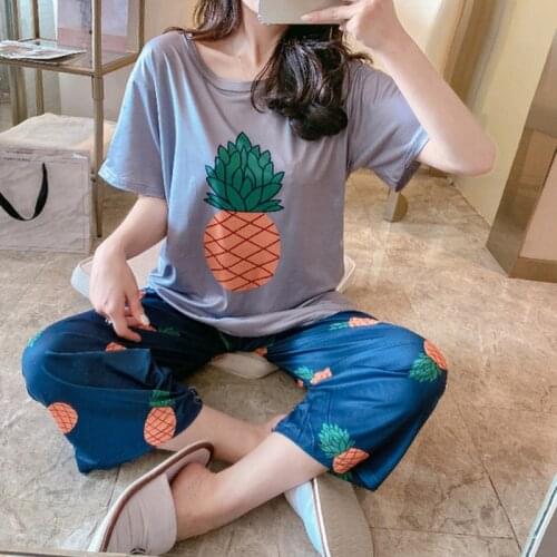 2020 New Arrival Summer Pyjamas Women Knitted Cartoon Pajamas Set Short Sleeve O-neck Cute Soft Big Size M-XXL Pijama Mujer