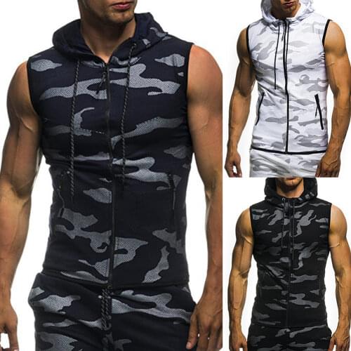 3XL Summer Men Gym Fitness Camouflage Mesh Hoodies Zip Up Sleeveless Hooded Tank Top HOT SALES
