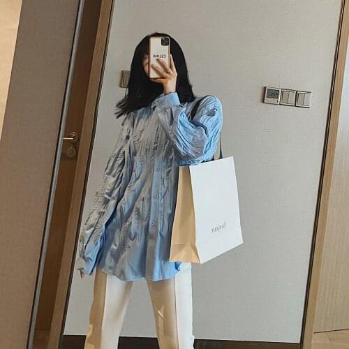 2021 Womens Pleated Shirts Blouse Za Woman Tops Clothing Oversize Long Sleeve Y2K Cardigan Tunics White Elegant Korean Fashion
