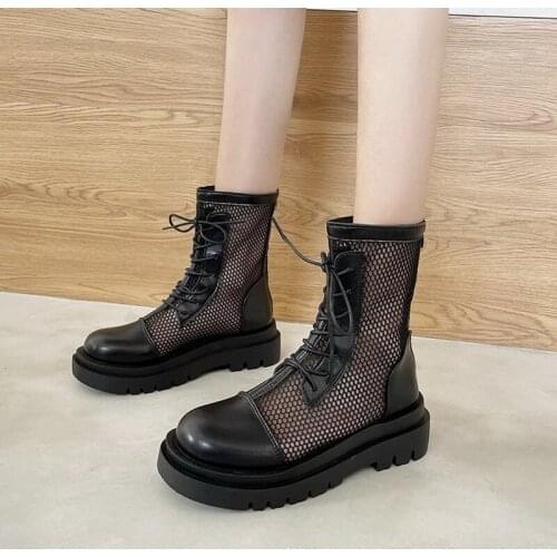 Summer Mesh Boots Women Fashion Lace Up Ankle Boots Woman Shoes Black Sandals Hollow Breathable Zipper Socks Boots Square Heel