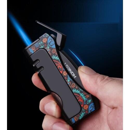Honest Gas Lighter Blue Windpoof Flame Side Press Ignition Inflatable Kitchen Accessories Men Gift With Cigar Tool Original Box