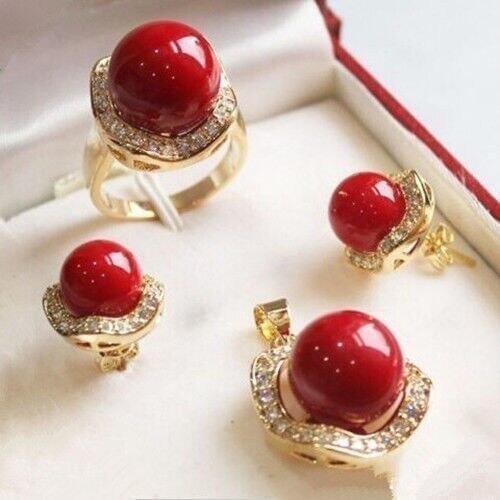 Prett Lovely Womens Wedding wedding red shell pearl crystal pendant chain earring ring jewelry set