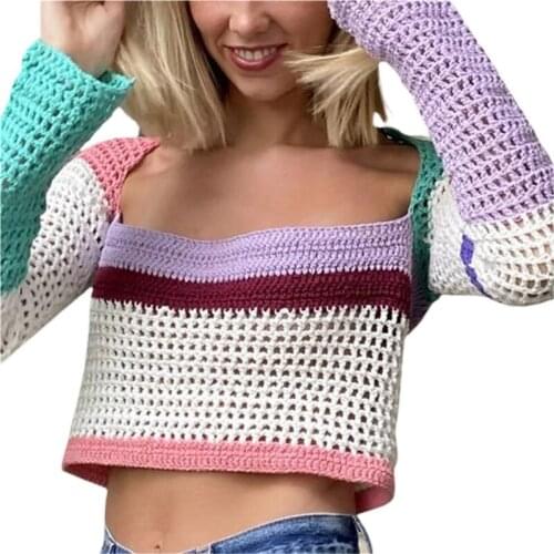 Women Hollow Out Crochet Knit Crop Top Y2k Color Block Tee Shirt E Girl Long Sleeve Square Neck Tops