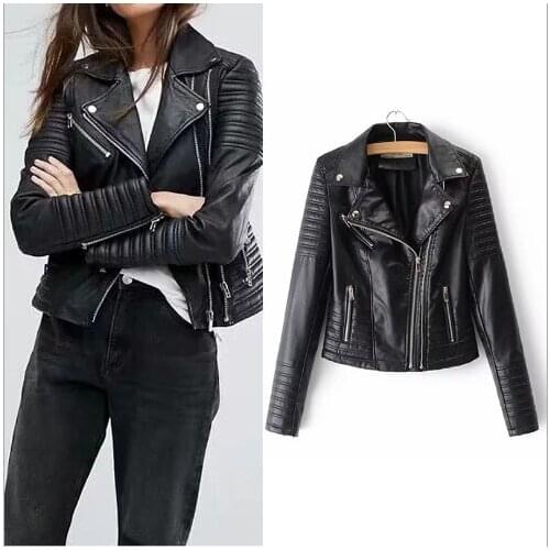 New Fashion Women Smooth Motorcycle Faux Leather Jackets Ladies Long Sleeve Autumn Winter Biker Streetwear Black Coat