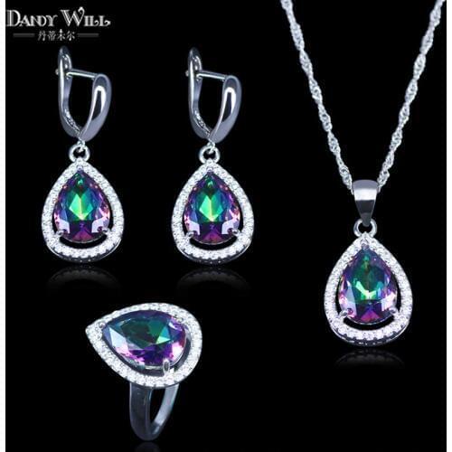 Mystic Rainbow Cubic Zirconia Jewelry Sets Silver Color Bridal Jewelry For Women Wedding Necklace/Earrings/Pendant/Ring