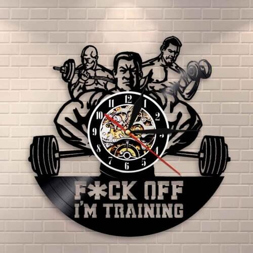 F- Off I'm Training GYM Inspirational Quote Wall Art Bodybuilders Clock Fitness Room Wall Sign Crossfit Vinyl Record Wall Clock