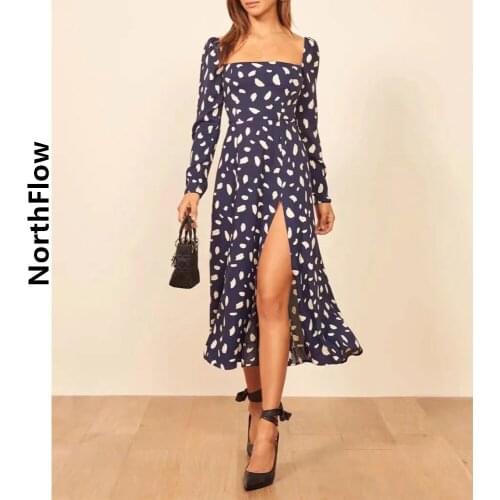 Northflow Women Dress Square Collar Chiffon Draped Print Midi De Fiesta Party Dress Vestidos Robe Femme