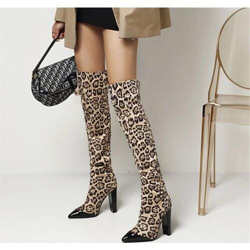 PXELENA NEW 2021 Winter Leopard Shoes Women Thigh High Boots Patchwork Lady Sexy Party Dress Over The Knee Boots Plus Size 34-43