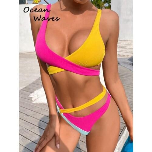 2021 New Splicing Bikini Female Swimsuit Women Swimwear Two-piece Bikinis Set Asymmetric Mid Waist Bather Push Up Bathing Suit