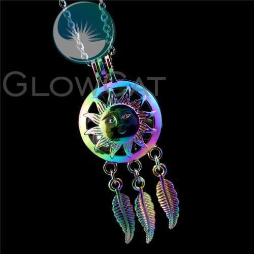 R-C798 Rainbow Color Dream Catcher Cartoon Sun Face Beads Cage Pendant Perfume Diffuser Aromatherapy Pearl Cage Locket Necklace