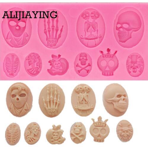 M0605 1Pcs 3D Skull Head Silicone Home Party Fondant Cake Mold Hand skeleton Chocolate Halloween Party DIY Tools