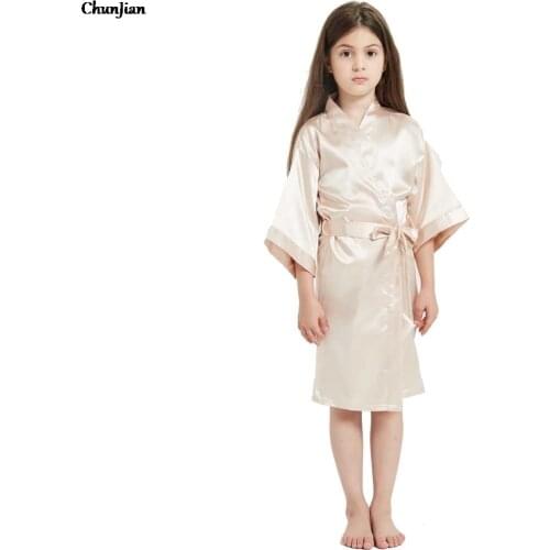 Champagne Girls Wedding Satin Pajamas Childrens Silk Kimono Pyjamas Kids Satin Silk Bridesmaid Bathrobes for 8 10 12 14 Years