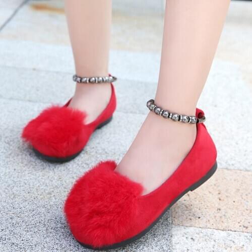 Big Children Red Grey Princess Leather Party Shoes For Girls Kids School Faux Fur Loafer Shoes New 2020 Autumn