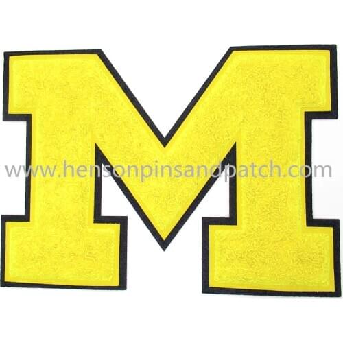 Customized large size yellow M Letter Embroidery Patches And Towel Embroidery emblem