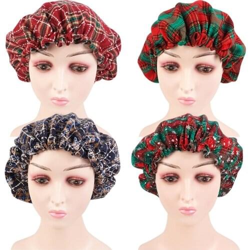 Women Lovely Christmas Print Design Bonnet Satin Lined Sleep Night Cap Head Cover Bonnet Hat for Curly Springy Hair