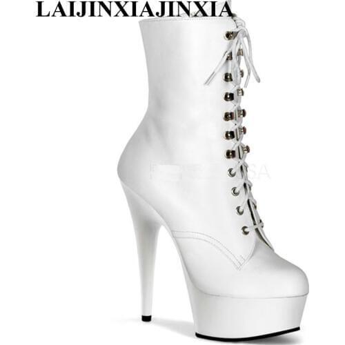 LAIJIANJINXIA New Cross-Tied Ankle Boots Round Toe Spike Heels Super High 15Cm Designer Shoes Women Simple Fashion Boots Size 46