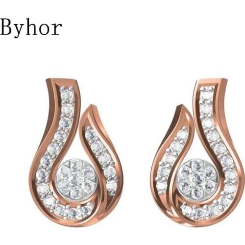 Byhor Solid 14K White/Yellow+White/Rose+White Gold 0.492ct H/SI Natural Diamonds Stud Earrings Wedding Women Cерьги Fine Jewelry