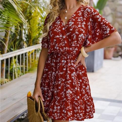 Vintage Women Casual V-neck Summer Sexy Dress Small Floral Print Slim Sexy Soft Ruffle Hem Dress Comfortable for Daily Life