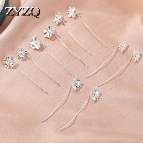 ZYZQ Korean Fashion Sweet Flower Long Stud Earrings For Women Girls Temperament Bright Ear Line Earrings Student Gift Jewelry