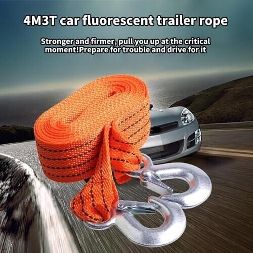 4m 3T For Truck Car Up To 3 Tonnes Orange Car Nylon Tow Strap Heavy-Duty Tow Rope Wear Resistant Durable With Steel Hooks