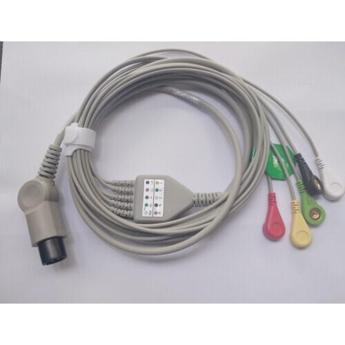 5pcs/lot Generic AAMI 6 Pin One Piece ECG Cable, 5 Leadwires, Snap Ends,IEC Standard