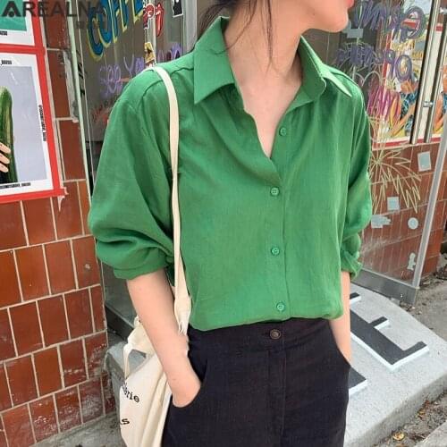 New 2021 spring Summer green blouse Women Casual Vintage Cotton and Linen blouses femme Shirts Buttons Oversize Office Wild Tops