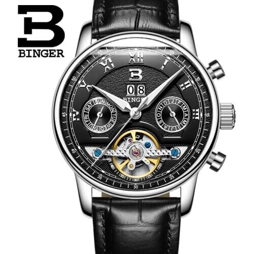 Relojes hombre Luxury Military Clock BINGER Leather Men Skeleton Automatic Watch Sport Mechanical Wrist watch relogio masculino