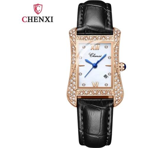 CHENXI 2021 New Womens Watches Luxury Rose Gold Square Diamond Watch Women Genuine Leather Quartz Wristwatch Gifts For Women
