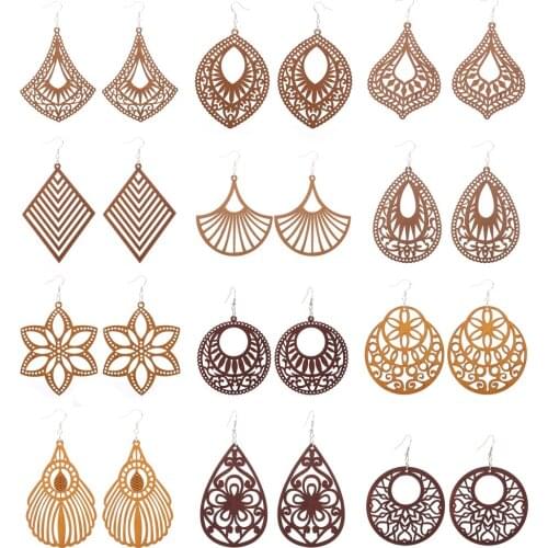 12 Pairs Different Styles Good Quality Wood Earrings Organic brown Hollow African Woman Wooden Brincos Pendant