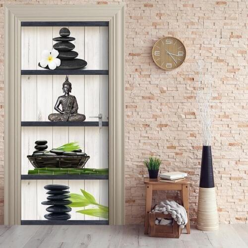 Home Decor DIY Door Sticker Buddha Flower Stone Self Adhesive Decal Paper for Living Room PVC Waterproof 3D Print Sticker Art