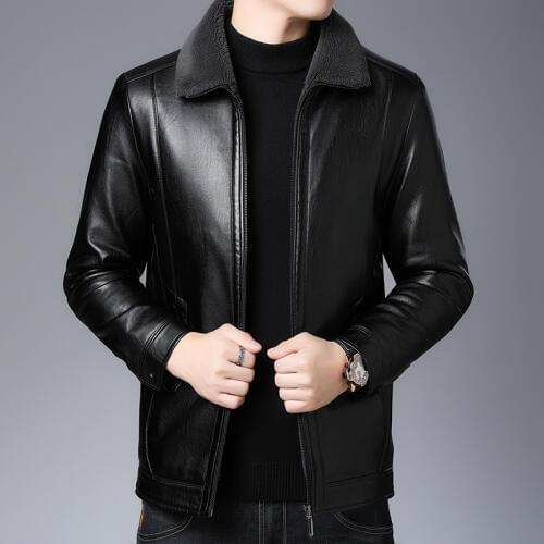 High-end new winter mens plus velvet thick leather jacket, large size trend business slim short casual PU leather jacket