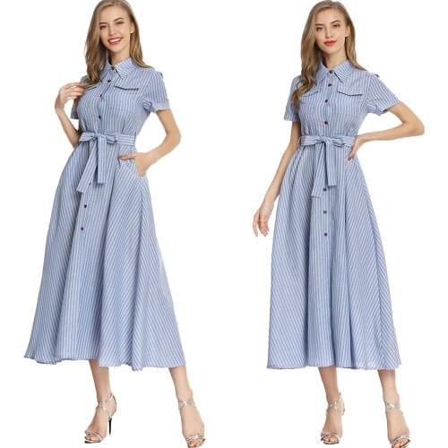 Fashion Summer Women Long Maxi Dress Blue Stripe Short Sleeve A-Line Dresses Belted Pockets Buttons Shirt Gown Party Clothing