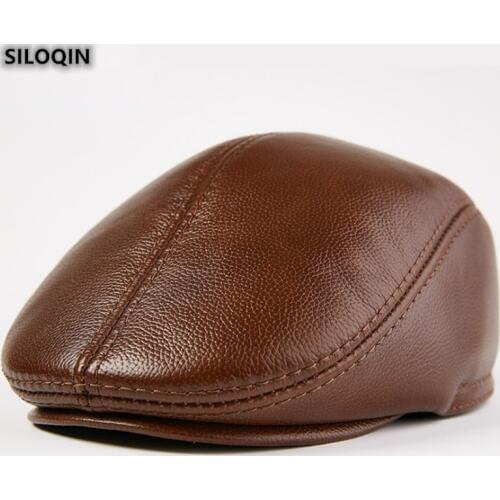 SILOQIN New Winter Genuine Leather Hat For Mens Quality Cowhide Thermal Earmuffs Berets Trend Fashion Leisure Brands Dads Cap