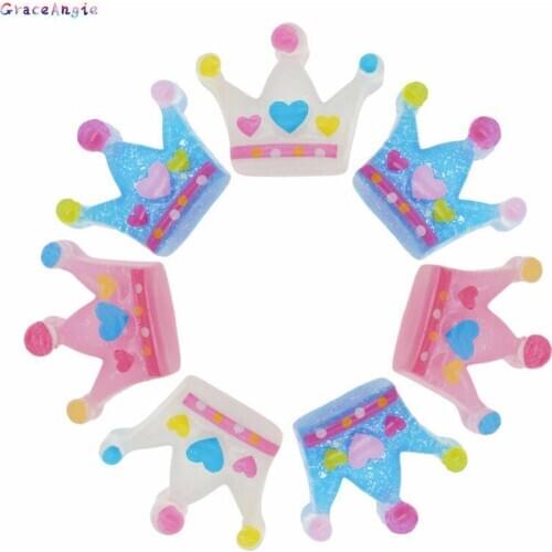 GraceAngie 12pcs Mini Crown Resin Charms Royal Princess Crown Flatback Cabochon Blue Pink Crafts DIY Hair Dress Findings