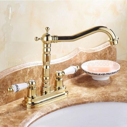 Luxury Gold Color Brass Dual Handle Swivel Bathroom Kitchen Sink Faucet Mixer Tap 2 Hole Hot and Cold Water znf428