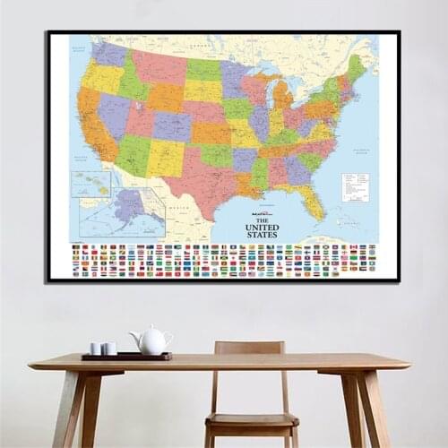 150x100cm Non-woven Map of The United States with National Flags Detailed American Map for Culture and Education Travel Gifts