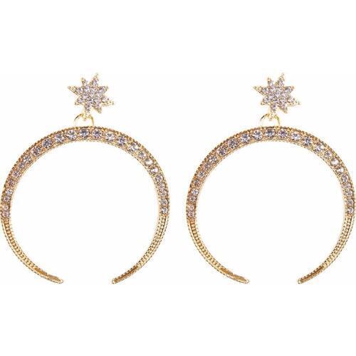 Shiny Rhinestone Star Moon Earrings For Women Fashion Bohemian Ethnic Elegant Big Metal Circle Earring Bijoux Jewelry Pendientes