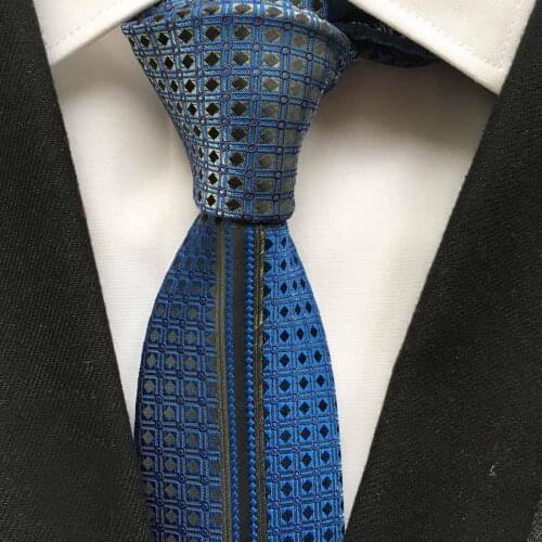 Designer Mens Ties Unique Panel Neck Tie for Man Blue Grids with Stripes Cravates