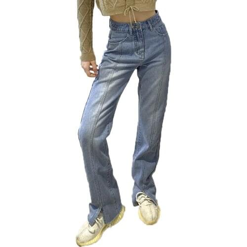 Spring 2021 Women High Waist Jeans Fashion Striped Patchwork Split Straight Jeans Woman Casual Loose Wide Leg Pants Streetwear