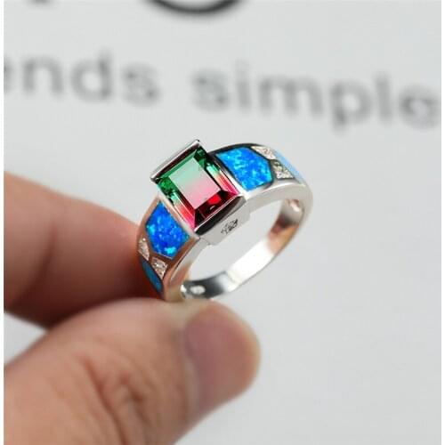 Blue Fire Opal Rainbow Gradient Zircon Rings For Women Vintage Fashion Silver Color Engagement Ring Red Green Crystal Jewelry