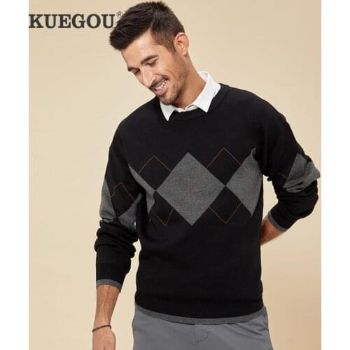 KUEGOU 2021 Autumn Cotton Geometric Black Sweater Men Slim Fit Pullover Casual Jumper For Male Wear Brand Knitted Clothing 9128